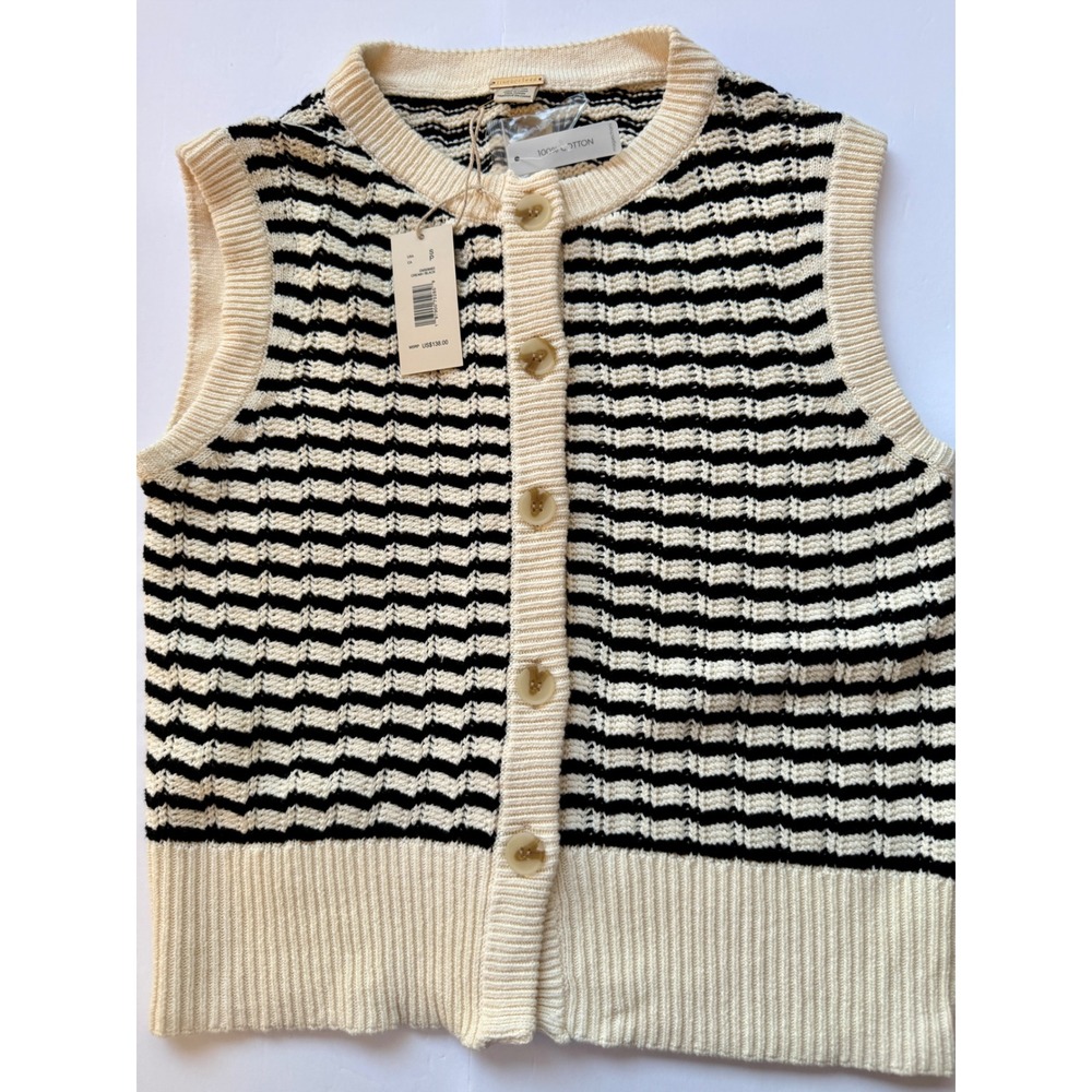 Magaschoni Women Cream Black Striped Cotton Button Front Sweater Vest SP NWT
